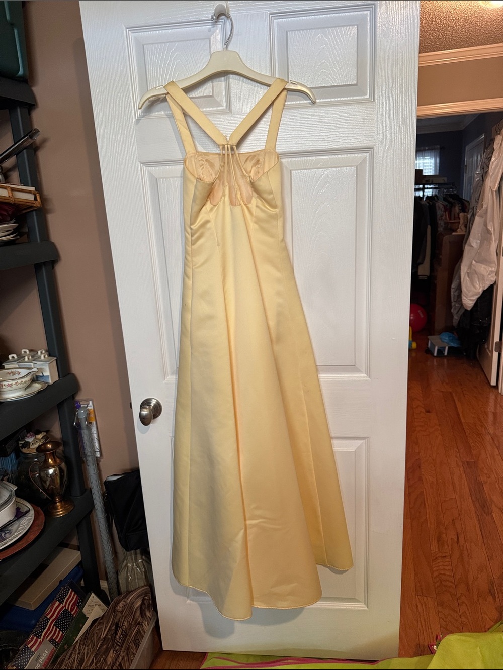 Pale Yellow Satin Midi Dress with Strappy Back